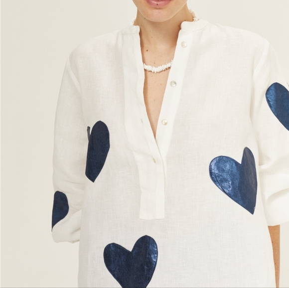 Cupid Linen Shirt - Off-White with Metallic Dark Blue Hearts - Picture 3 of 4